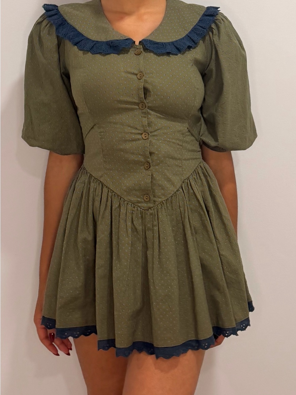 Free People Olive Mini Dress with Navy Trim - Picture 2 of 8